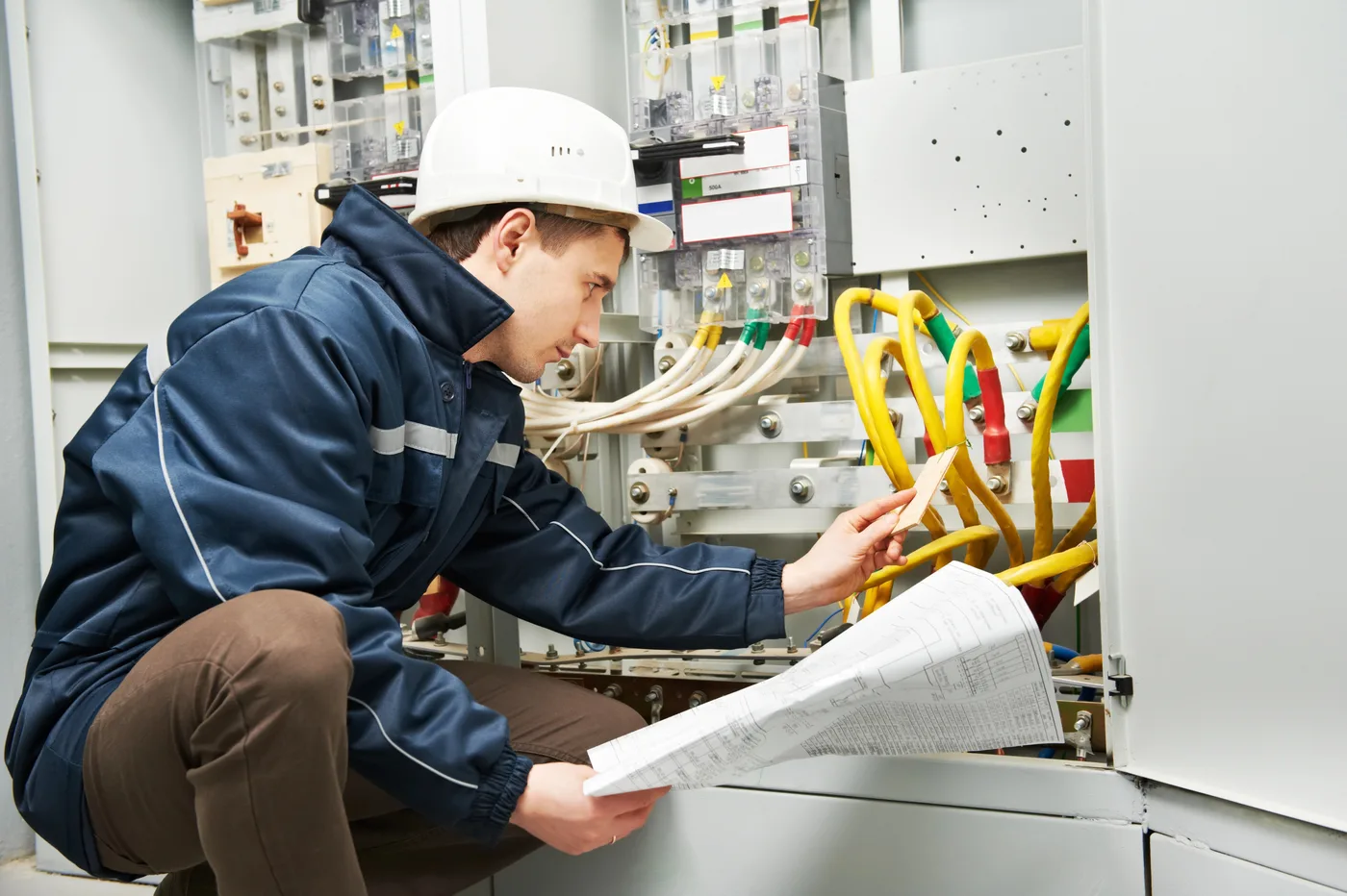 Électricien étudiant le plan d'un tableau électrique au Kremlin-Bicêtre (94270)